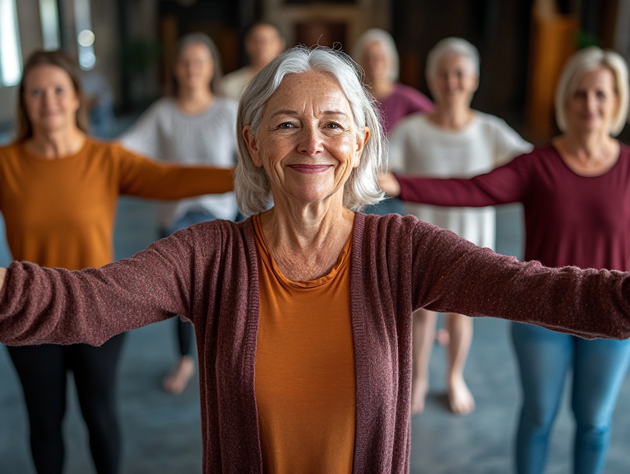 Група людей зрілого віку практикує м'яку йогу в затишній студії з природним освітленням
